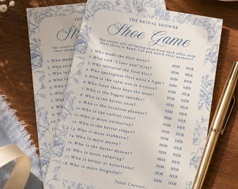 Tarjetas para juego de zapatos para despedida de soltera / Actividad de boda con temática floral azul (Descarga digital)