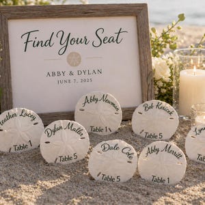May include: A wooden framed sign with the text Find Your Seat, Abby & Dylan, June 7, 2025, accompanied by several white sand dollar place cards. Each sand dollar features a guest name and table number written in black script and print.