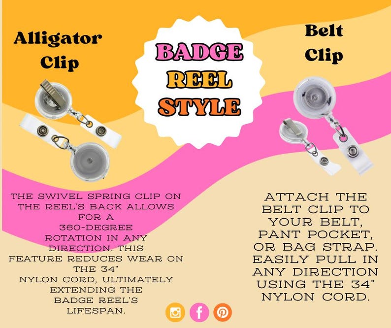 May include: Image showing two badge reel styles: alligator clip and belt clip. The alligator clip has a swivel spring clip for 360-degree rotation. The belt clip attaches to belts or bags. Both have a 86 cm nylon cord.