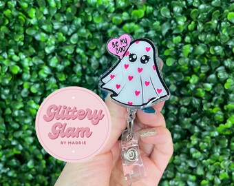 Be My Boo Ghost Badge Reel: Valentine's Day Glitter Accessory