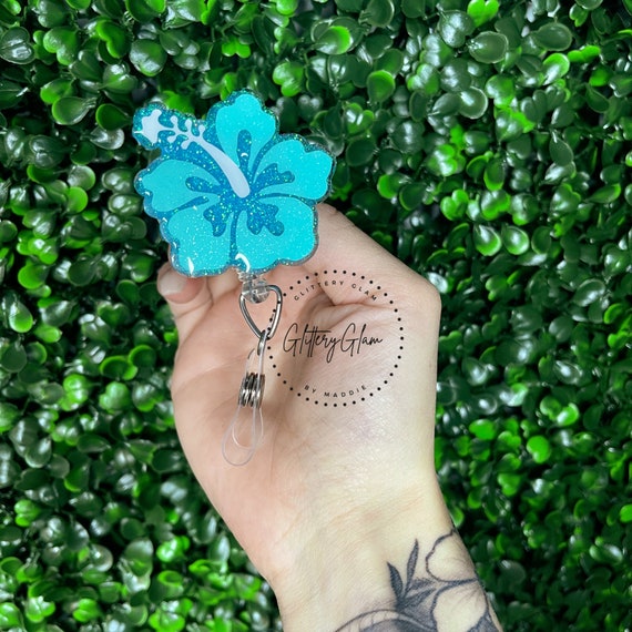 Teal Hibiscus Badge Reel: Glitter Floral Nurse ID Holder