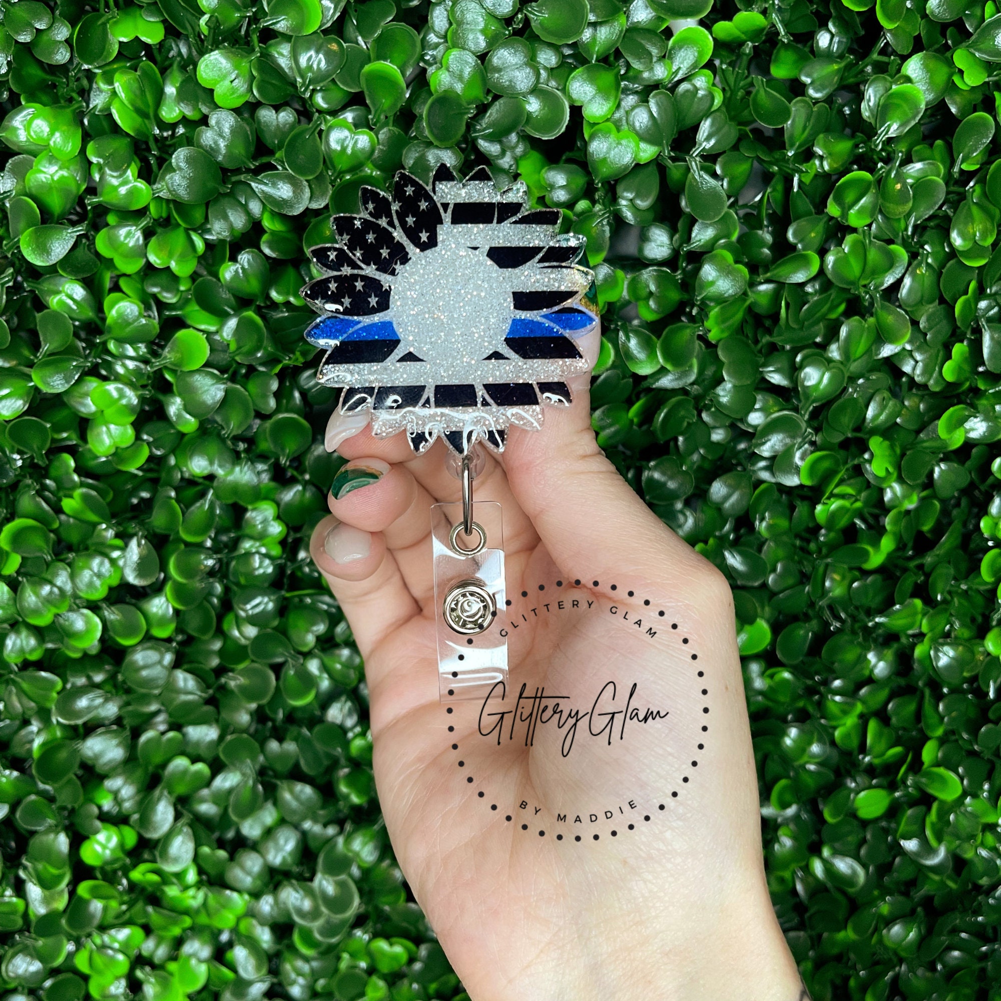 Thin Blue Line Flag Sunflower Badge Reel-custom Police Id Holder ...