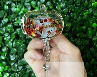 Pumpkin Shaker Badge Reel: Autumn Leaves, Retractable ID Holder