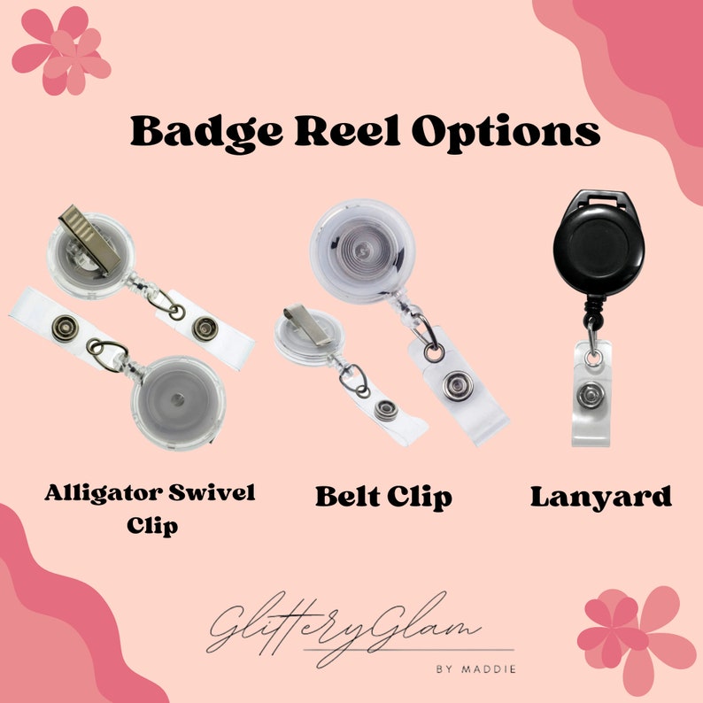 May include: Three different types of badge reels: an alligator swivel clip, a belt clip, and a lanyard. The badge reels are all clear plastic with a silver metal clip. The lanyard is black with a silver metal clip.