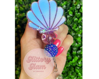 Iridescent Seashell Badge Reel - Beachy Mermaid Vibes-Holographic Nurse ID holder