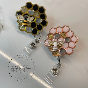 Bee Badge Reel, Honeycomb Badge Reel, ID Holder, Glitter Badge Reel, Nurse Gift, Bumblebee Badge Reel, Rose Gold-Handmade-Custom