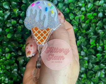 Sparkly Ice Cream Cone Badge Reel: Handglittered Summer ID Holder