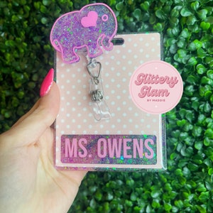 Glitter Elephant Badge Reel: Personalized ID Holder, Nurse Gift