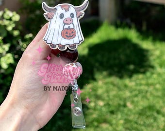 Highland Cow Ghost Badge Reel: Spooky Halloween ID Clip
