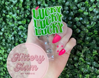 Green Glitter Lucky Badge Reel - St Patrick's Day Accessory - Nurse Gift