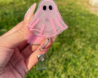 Porta credencial de fantasma de Halloween rosa: porta credencial que brilla en la oscuridad