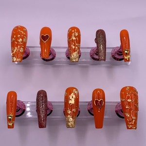 Fall Fun Press On Nails, Orange Brown Gold Nails.