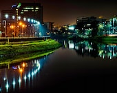 Photo of Belfast City Centre, River Lagan Ormeau Embankment, Gas Works commercial district night, wall art, home decor, river reflections