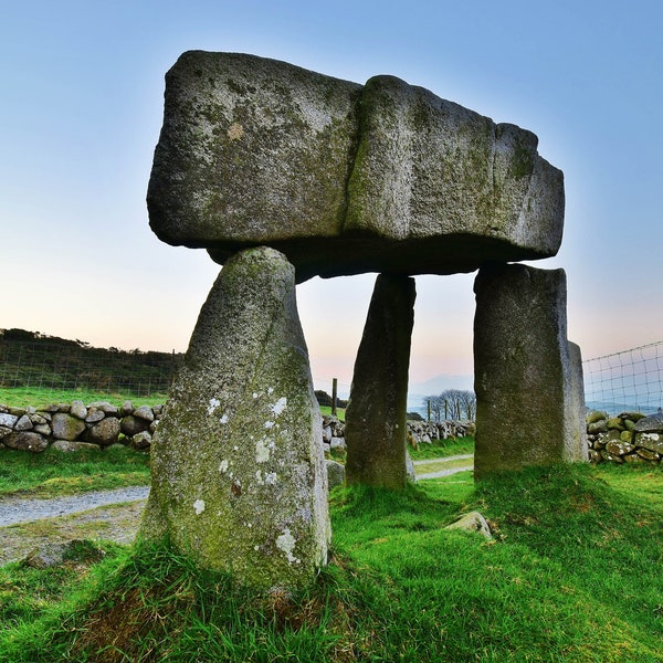 Photograph of Legananny Dolmen, Neolithic Megalith, Standing stones, Photos of ancient historic Ireland, sunrise, wall art, home decor,