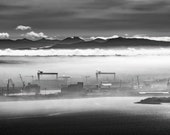 Belfast cranes, Harland and Wolff shipyard, Titanic Quarter, Mourne Mountains, photo print, black and white, mounted, home decor, wall art,