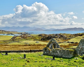 Twelve Bens, Connemara National Park, Galway, Ireland, Inishbofin Island, St Coleman's Church ruin, scenic Ireland, wall art, home decor.