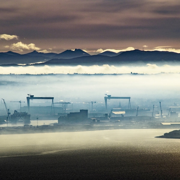 Belfast cranes, Harland and Wolff shipyard, Titanic Quarter, Mourne Mountains, photo print, mounted, home decor, wall art,