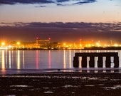 Photo print of Harland and Wolff Shipyard Night, Whiteabbey, Titanic Cranes, water reflections, wall art, home decor, picture, reflections.