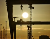 Belfast Yellow Cranes, Harland and Wolff cranes, Titanic quarter, wall art, home decor, wall hanging, sunset, Shipyard sunset photograph.