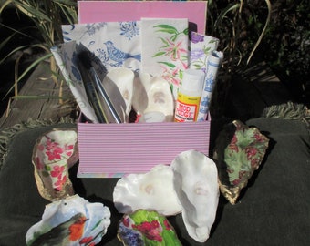 Kit de manualidades, 4-8 conchas, NUEVOS PATRONES, kit de decoupage de conchas, servilletas con temática floral, kit de bricolaje, conchas de ostras, kit en caja de regalo, servilletas florales