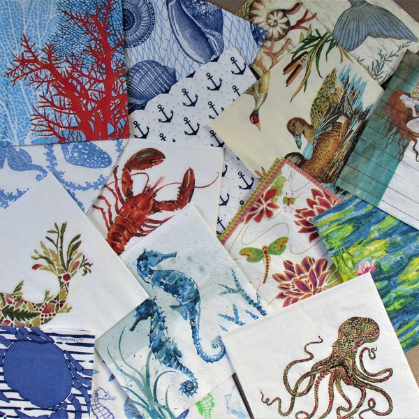Craft napkins, pairs or sets of 4, low shipping  beach, lake, crab, lobster, mermaid, sailboats, shell fish napkin, coastal decoupage paper