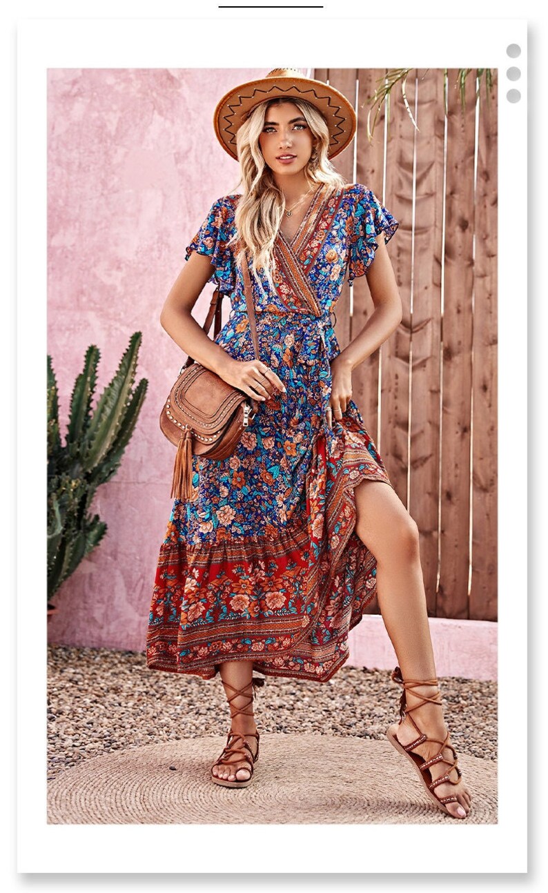 BIRDIE Bohemian Print Wrap Dress , Summer Waist Tie Dress, Boho Dresses