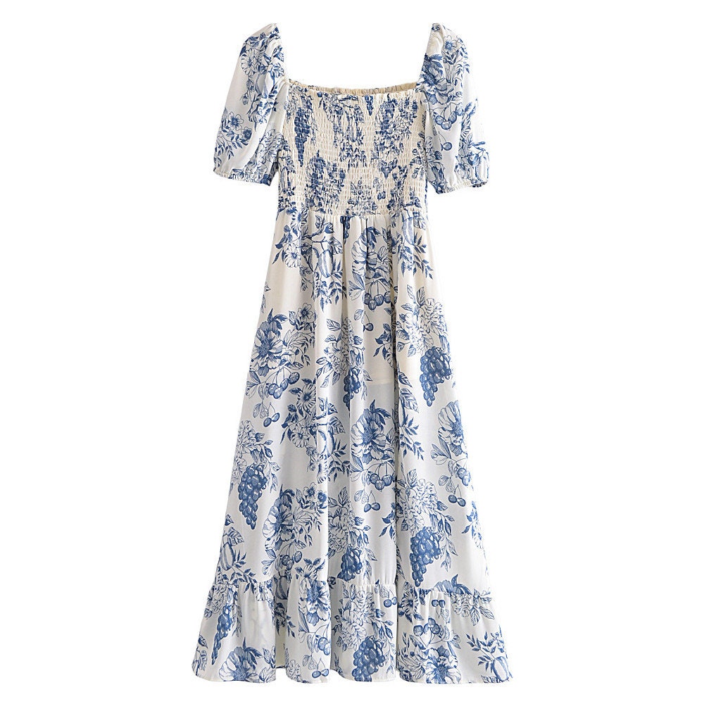 Silk French Floral Dress V-neck Slim Dress With Ruffles