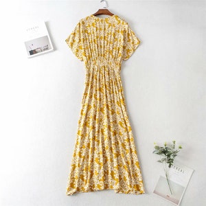 Bohemian Yellow V Neck Print Loose Cotton Dress Summer