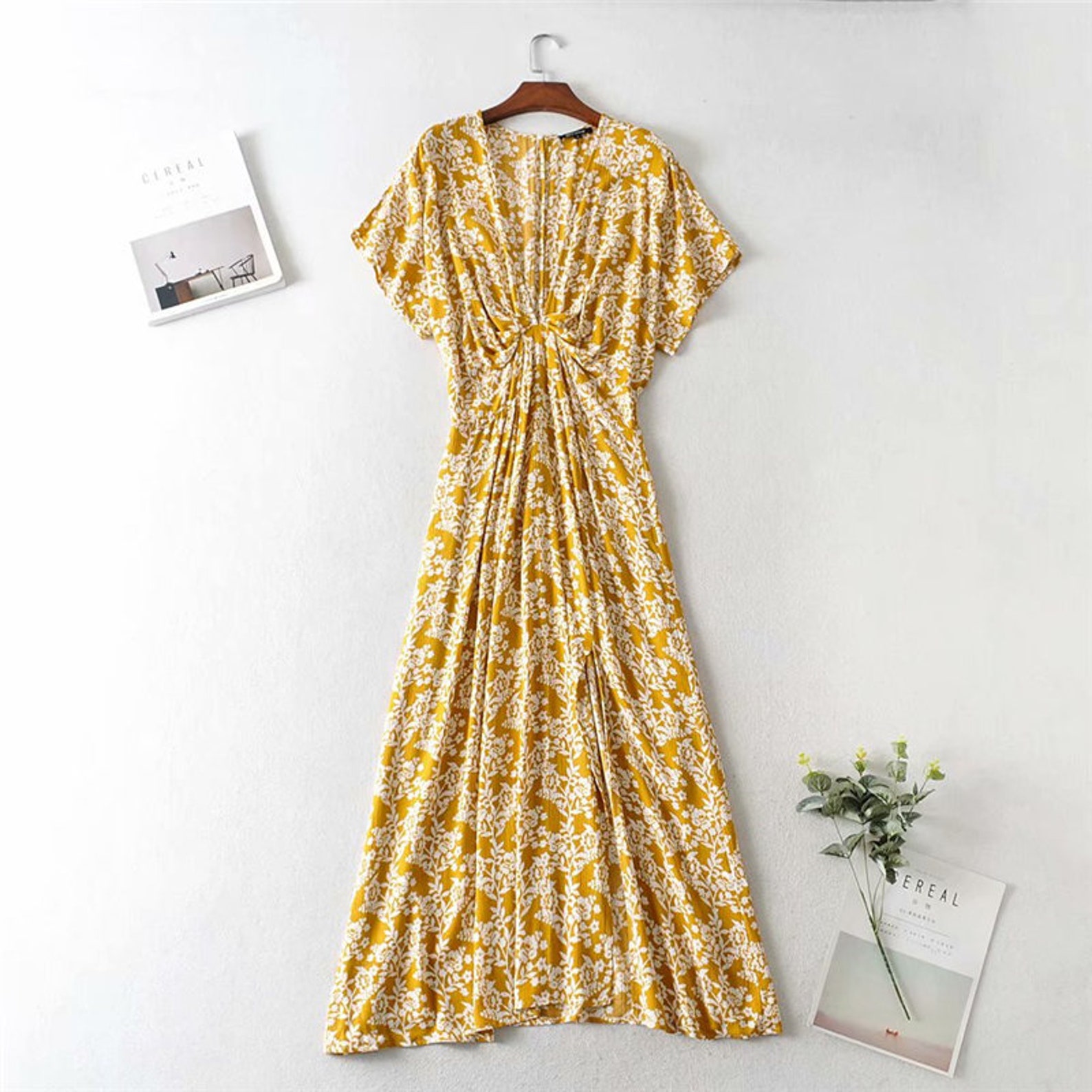 Bohemian Yellow V Neck Print Loose Cotton Dress Summer main image 0