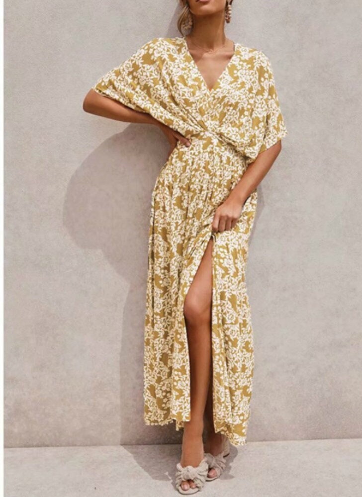 TINA Bohemian Yellow Deep V Neck Maxi Floral Dress Boho Dresses for ...