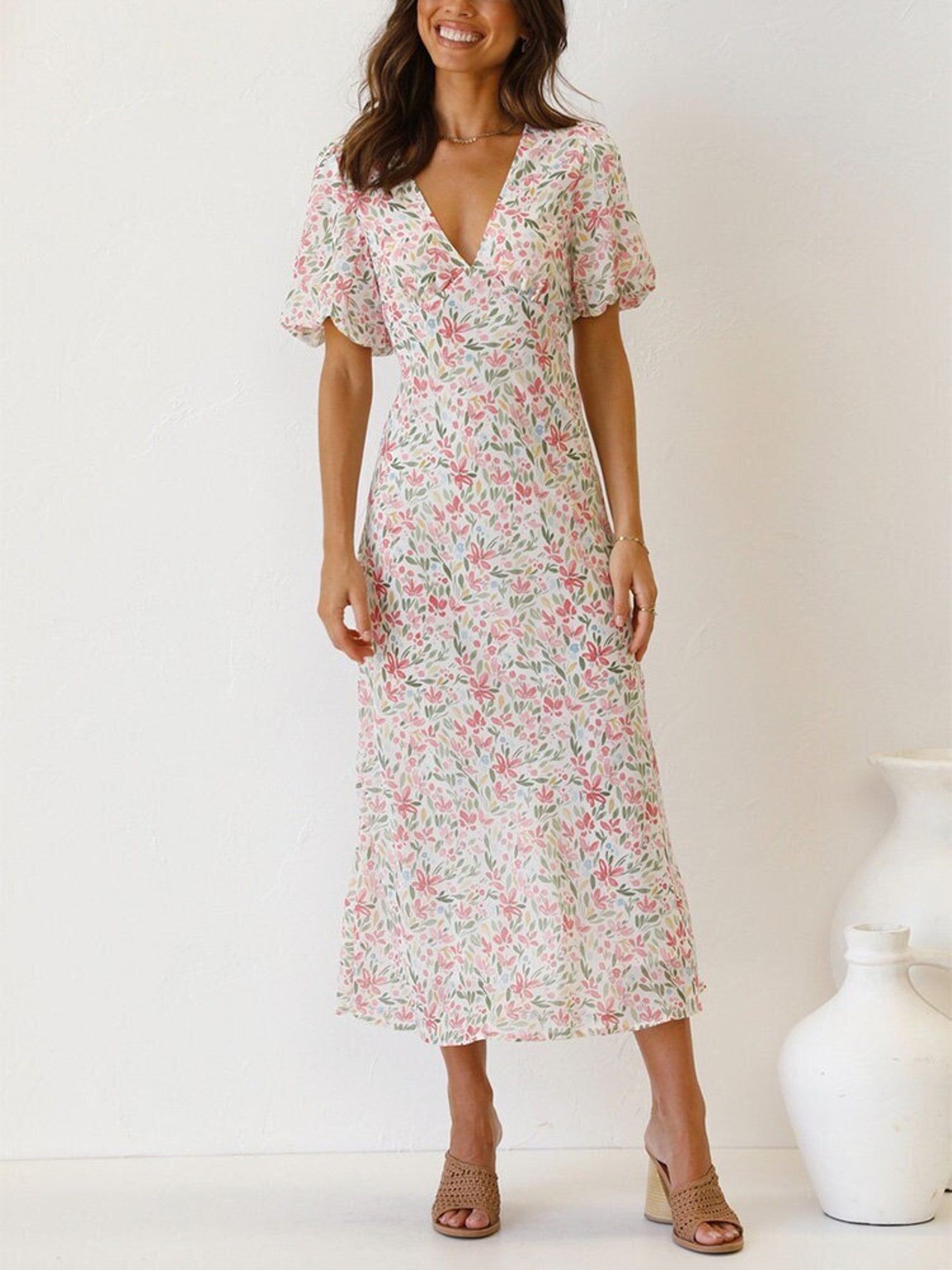 LINA Floral Side Slit Midi Dress, Cocktail Party Dresses, Boho Dresses