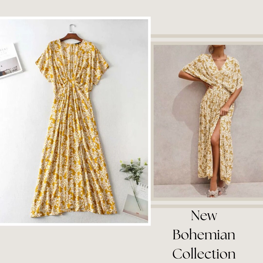TINA Bohemian Yellow Deep V Neck Maxi Floral Dress Boho Dresses for ...