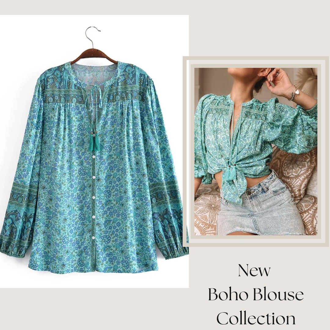 Cotton Boho Floral Top With Loose Fit, Fall Long Sleeve Blouse