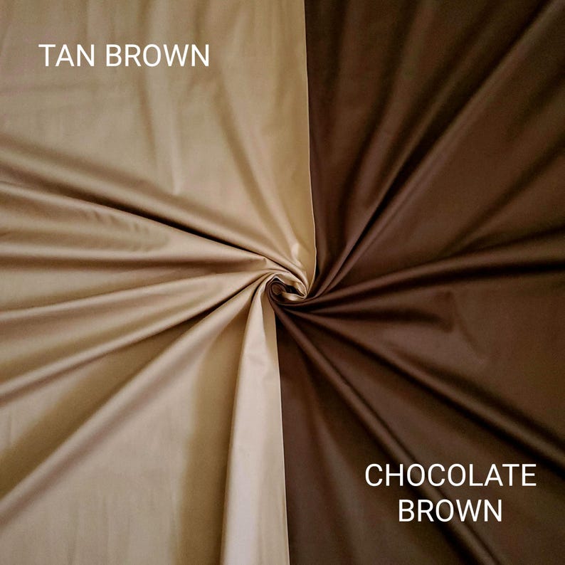 May include: A close-up of two fabric swatches, one tan brown and the other chocolate brown. The fabric is gathered in a spiral, showcasing the different textures and colours. The words "TAN BROWN" and "CHOCOLATE BROWN" are printed on the fabric.