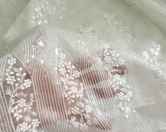 Sequin Embroidered Ivory Organza Silk Fabric - 44" Wedding Material