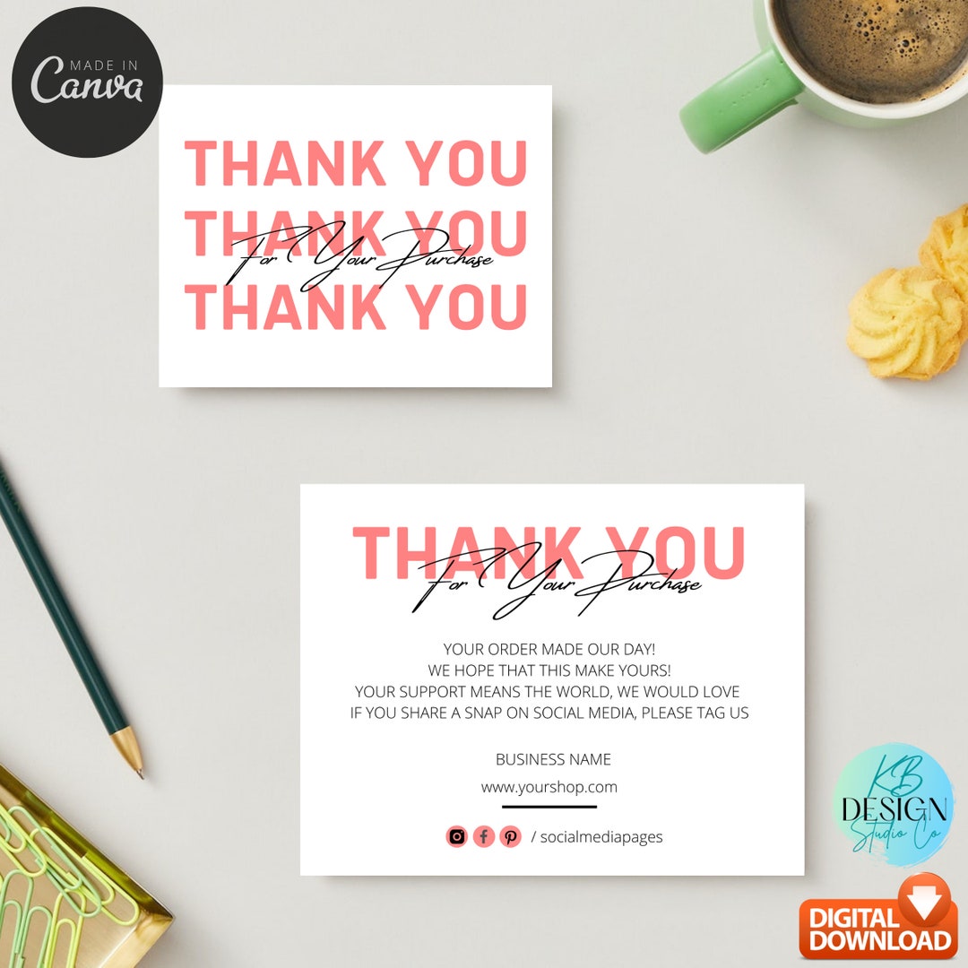 Editable in CANVA Business Thank You Insert Card Template Modern Pink ...