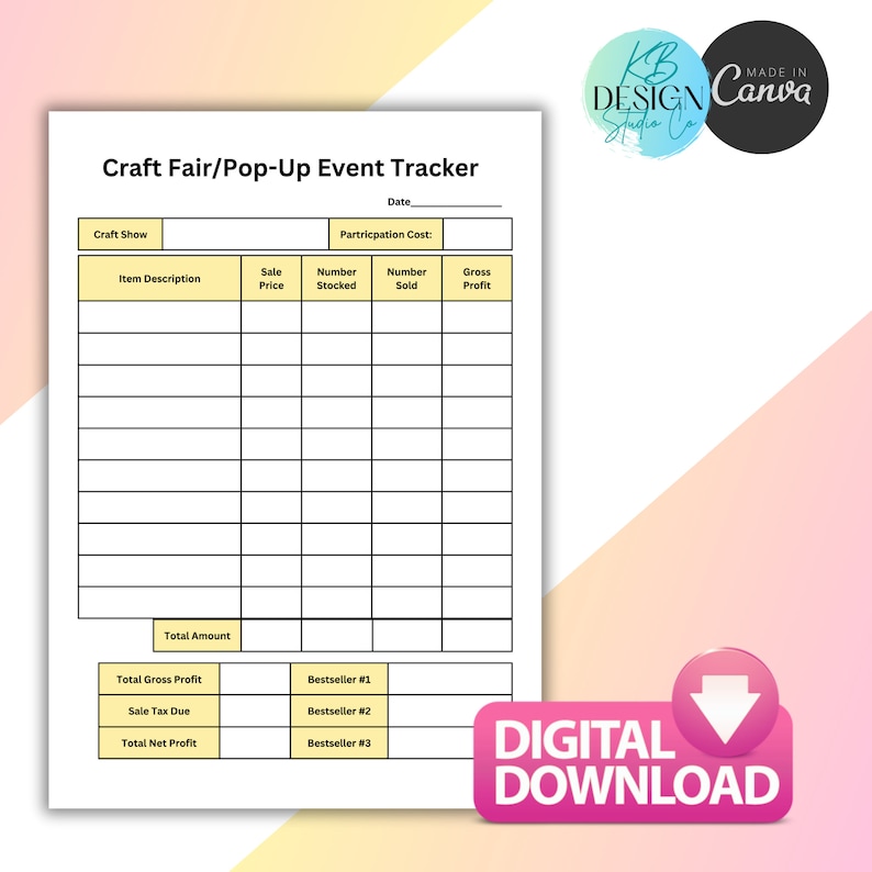 May include: A printable craft fair or pop-up event tracker with sections for item description, sale price, number stocked, number sold, gross profit, total amount, total gross profit, sale tax due, total net profit, and bestseller information.