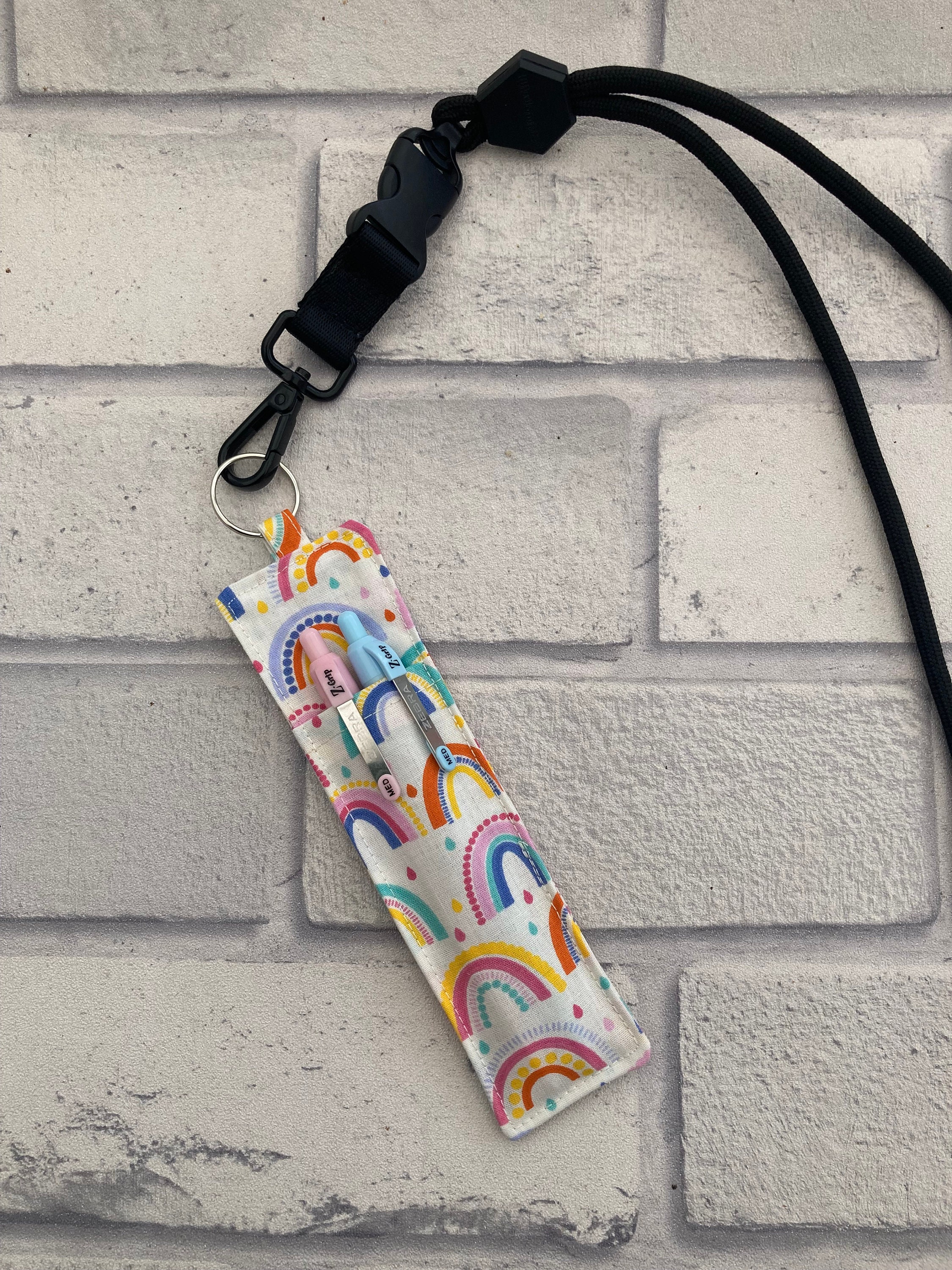 Fabric Pen Holder for Lanyard. Teacher/ nursery/ nurse/ NHS/ School. Rainbow.