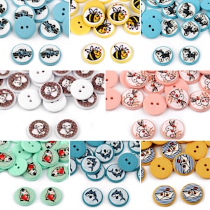 May include: Assortment of colorful wooden buttons with various designs, including animals, boats, and geometric patterns. The buttons are two-holed and come in a variety of sizes.