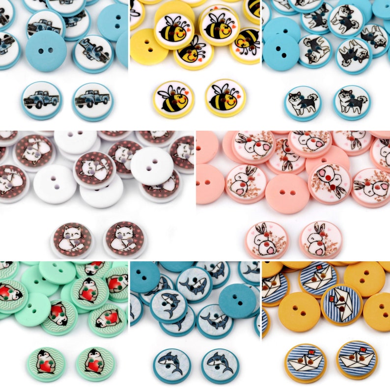 May include: Assortment of colorful wooden buttons with various designs, including animals, boats, and geometric patterns. The buttons are two-holed and come in a variety of sizes.