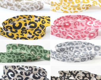 NEUE FARBEN! Schrägband Leopard Muster Einfassband 20mm Weiß/Beige (Neu) Weiß/Gelb Gelb Rosa Grün (Neu) Grau Beige Schwarz (Neu) Zierband