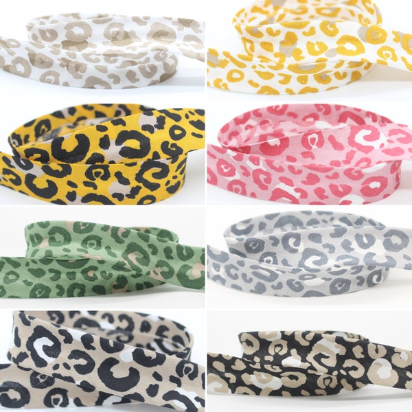NEUE FARBEN! Schrägband Leopard Muster Einfassband 20mm Weiß/Beige (Neu) Weiß/Gelb Gelb Rosa Grün (Neu) Grau Beige Schwarz (Neu) Zierband