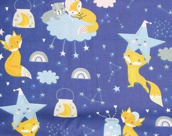 Baumwollstoff Fuchs Gute Nacht Kinderstoff Meterware Baumwolle Kindermotiv Stoffe für Kinder Blau Sterne Tiermotiv