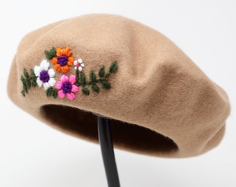 Spooky Skull and Flowers Hand-Embroidered Wool Beret