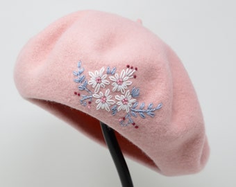 Spooky Skull and Flowers Hand-Embroidered Wool Beret