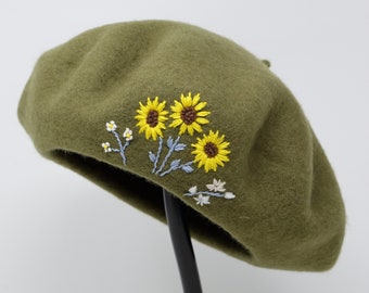 Spooky Skull and Flowers Hand-Embroidered Wool Beret
