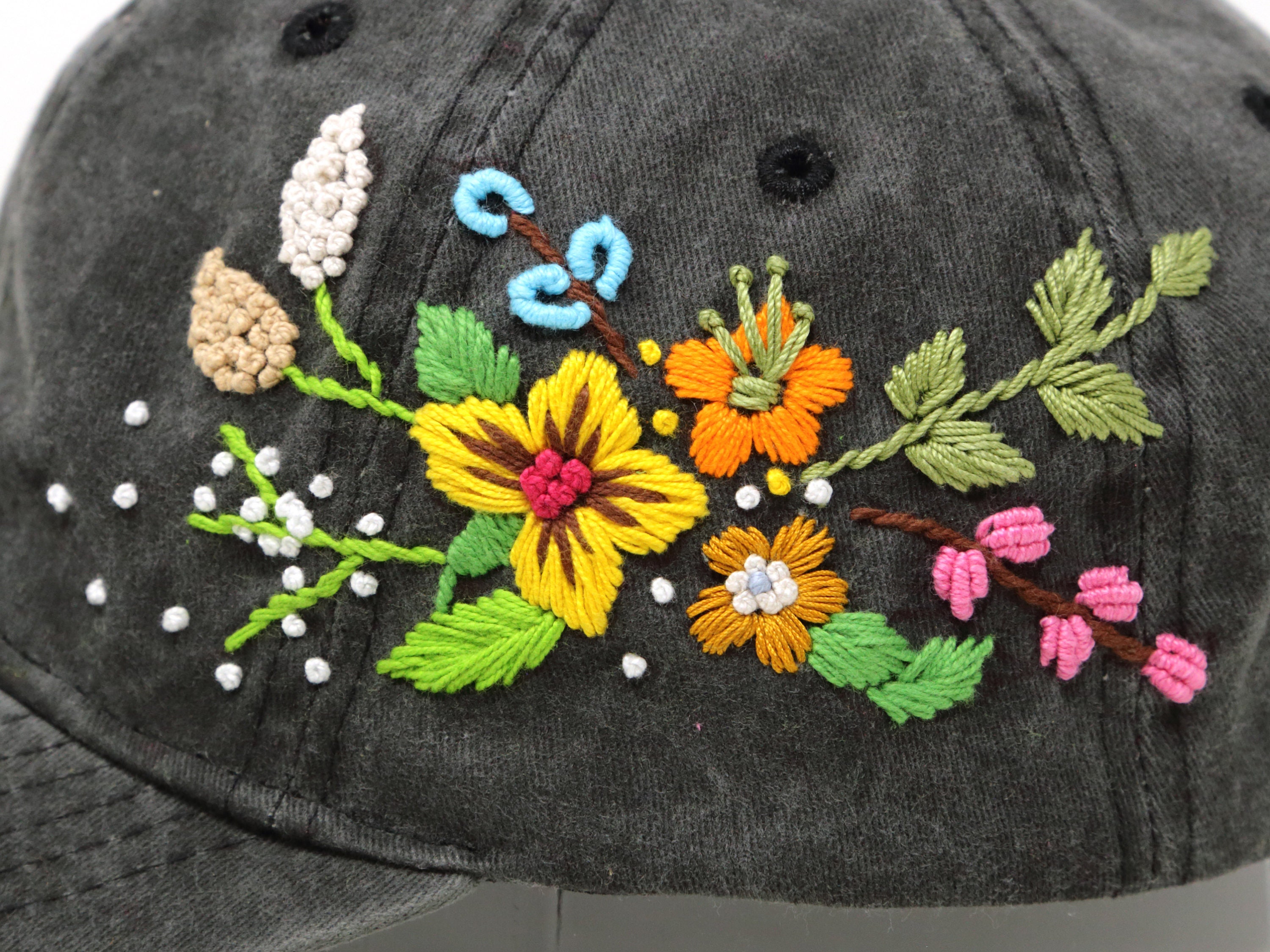 Wash Cotton Baseball Cap, Large Hand Embroidered Flower Hat, Curved Brim Baseball Hat, Colorful Summer Cap Wash Cotton Baseball Cap, Large Hand Embroidered Flower Hat, Curved Brim Baseball Hat, Colorful Summer Cap
