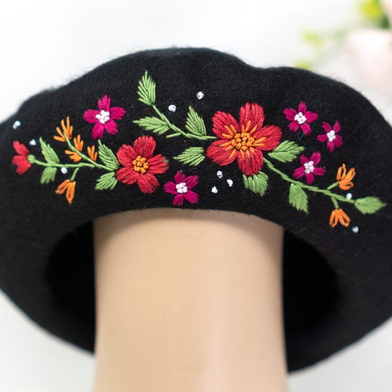 Hand Embroidered Wool French Beret Black | Floral Parisian  display picture 1