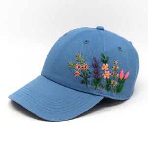 100% Cotton Baseball Cap, Hand Embroidered Blue Flower Hat, Curved Brim Baseball Hat, Sky Blue Colorful Summer Cap
