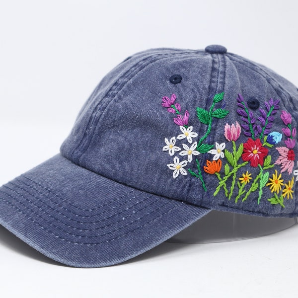 Wash Cotton Baseball Cap, Hand Embroidered Flower Garden Hat, Curved Brim Baseball Hat, Blue Colorful Summer Cap